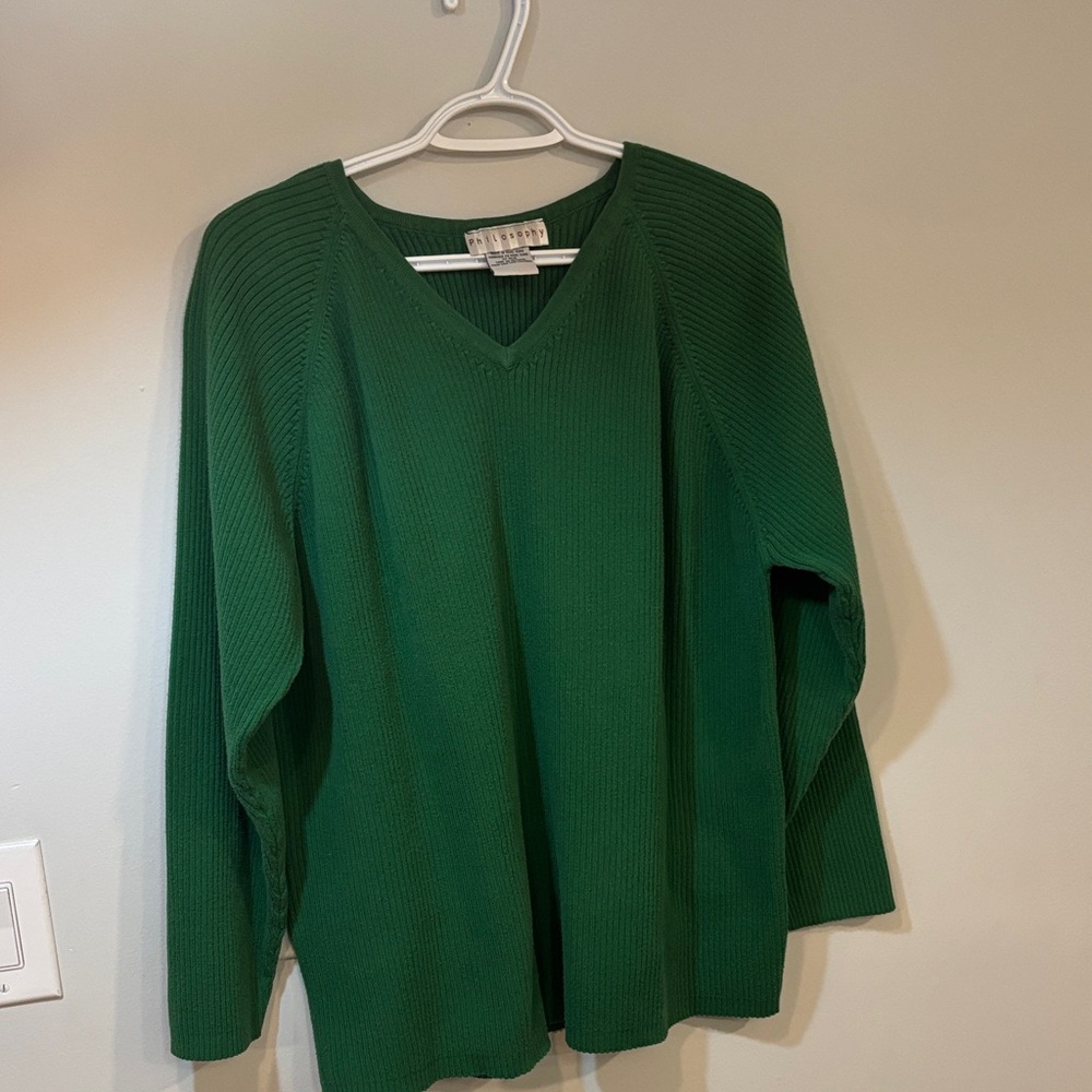 Green V-Neck Ribbed Sweater